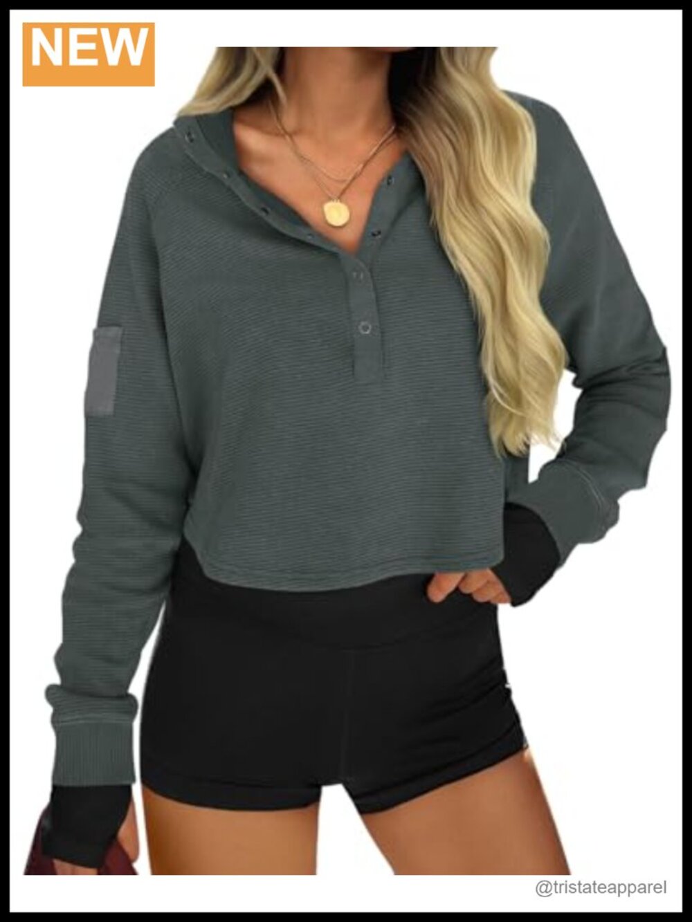 Womens Cropped Sweatshirt Henley Neck Snap Button Ribbed Loose Fit Crop Top